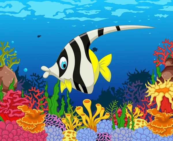 Divertido negro y blanco ángel peces de dibujos animados con la belleza de fondo de la vida marina — Vector de stock