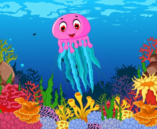 Divertido medusas de dibujos animados con la belleza de fondo de la vida marina — Vector de stock