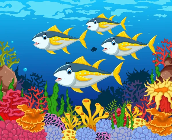 Drôle thon poisson dessin animé avec beauté mer vie fond — Image vectorielle