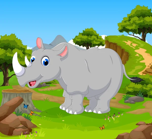 Grappige rhino cartoon poseren in de jungle met landschap-achtergrond — Stockvector