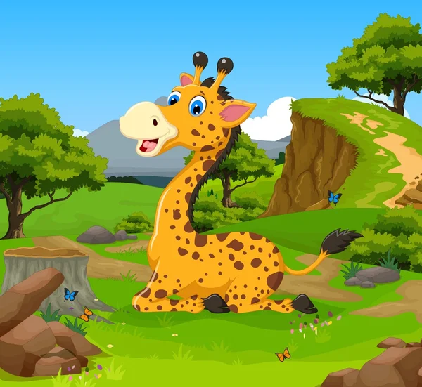 Funny giraffe cartoon sitting in the jungle with landscape background — Stock Vector