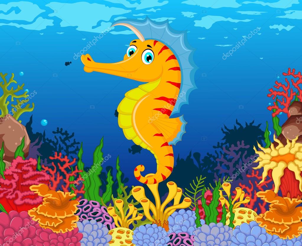 Illustration de vecteur de dessin animé dr´le hippocampe avec fond de beauté mer vie — Vecteur par starlight789