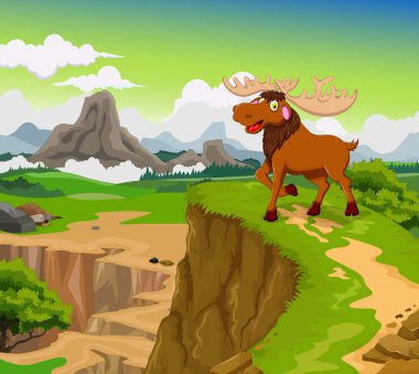 Güzellik dağ manzara arka plan ile komik geyik karikatür