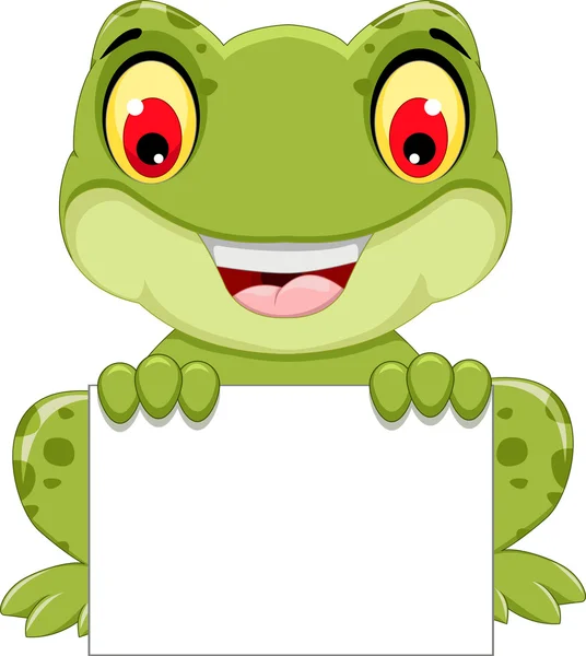 Drôle de grenouille dessin animé assis tenant un signe blanc — Image vectorielle