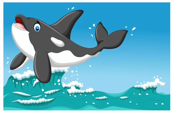 Lindo asesino ballena dibujos animados saltando con fondo de vida marina — Archivo Imágenes Vectoriales