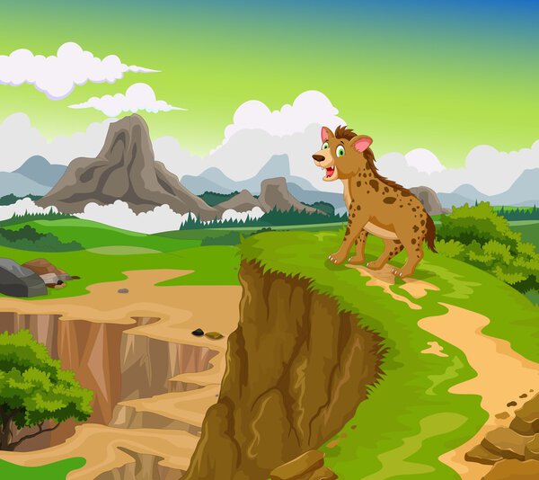 funny hyena cartoon with beauty mountain landscape background