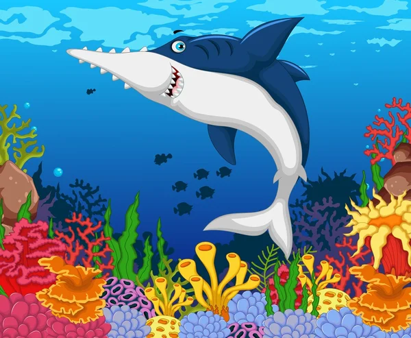 Engraçado tubarão serras desenhos animados com beleza mar vida fundo — Vetor de Stock