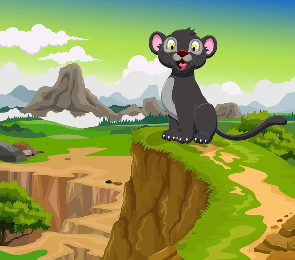 Panther hitam lucu dengan latar belakang pemandangan pegunungan yang indah - Stok Vektor