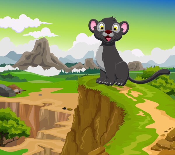 funny black panther with beauty mountain landscape background
