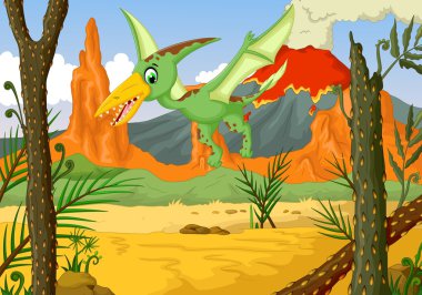 komik pterodactyl çizgi film, volkan manzara arka plan ile uçuş