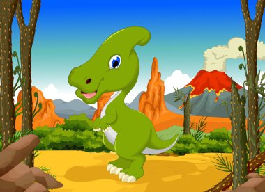 funny Dinosaur Parasaurolophus cartoon with volcano landscape background clipart
