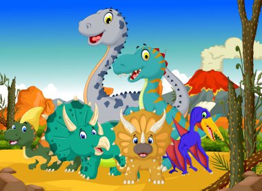 Volkan manzara arka plan ile komik dinozor karikatür