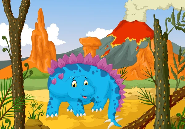 Drôle de dessin animé stegosaurus avec fond paysage volcan — Image vectorielle