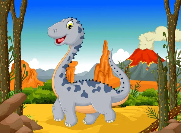 Cute dinosaur cartoon with volcano landscape background — Stock Vector