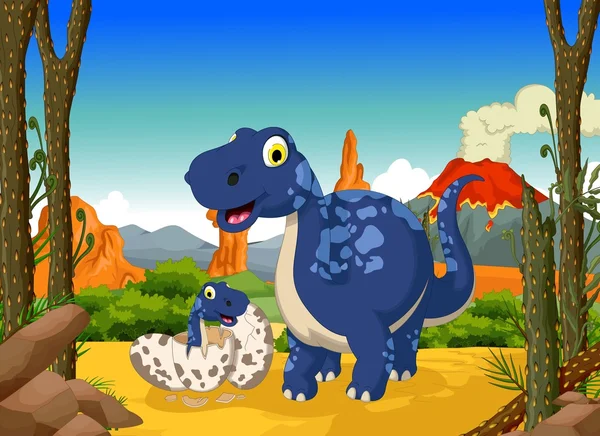 Divertido lindo dinosaurio de dibujos animados con su bebé en la selva — Vector de stock