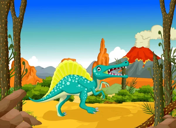 Grappige dinosaurus cartoon met vulkaan landschap-achtergrond — Stockvector