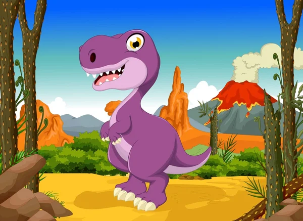 Vicces tyrannosauroideák rajzfilm vulkán táj háttér — Stock Vector