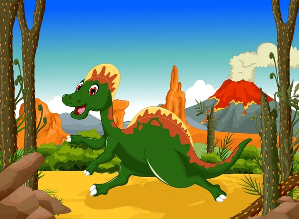 Grappige dinosaurus cartoon met vulkaan landschap-achtergrond — Stockvector