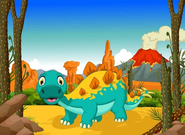 Cartoon stegosaurus engraçado com fundo paisagem vulcão — Vetor de Stock