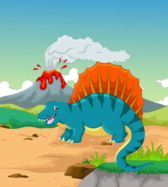 Aranyos dinoszaurusz rajzfilm vulkán háttérrel — Stock Fotó