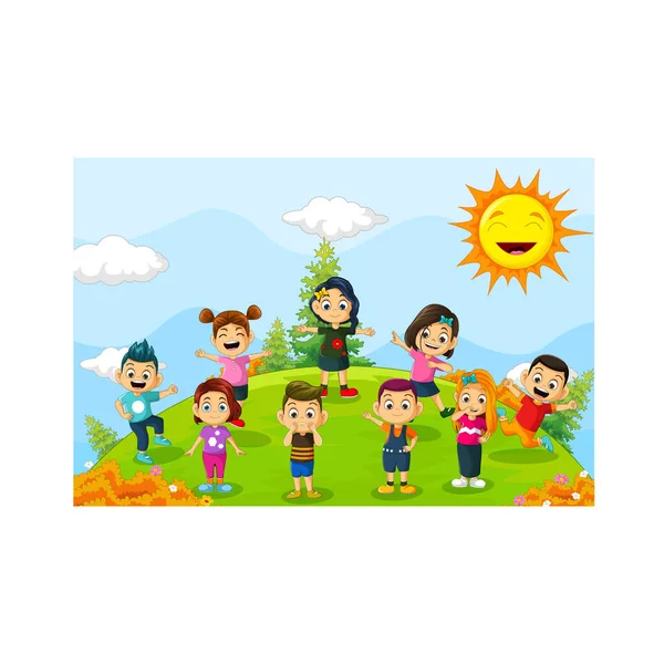 Természetes Táj Hátterében Játszó Gyerekek Öröme — Stock Vector