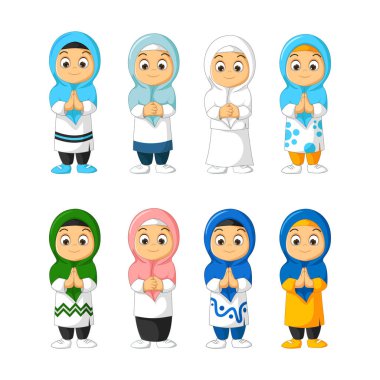 Şirin Müslüman Güzel Kız Çizgi Film Grubu Vektör İllüzyonu İzole Edildi