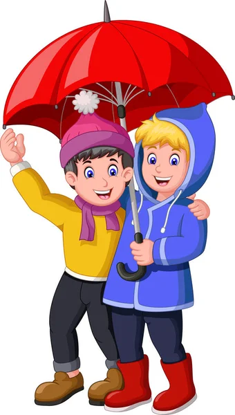 Funny Two Boys Red Umbrella Rainy Day Cartoon — Stock Vector