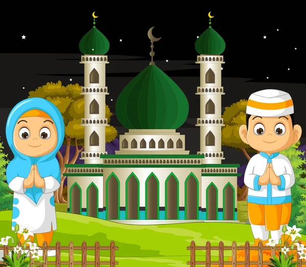 Roztomilý Muslimský Pár Děti Blízkosti Mešity Karikatura Noční Vektorové Ilustrace — Stockový vektor