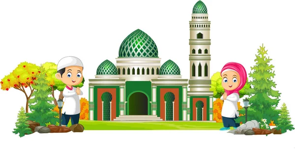 有两个孩子的伊斯兰清真寺卡通 — 图库矢量图片
