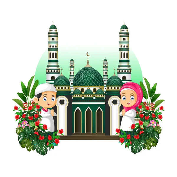 Moschea Con Cartoni Animati Bambini Piante Tropicali — Vettoriale Stock