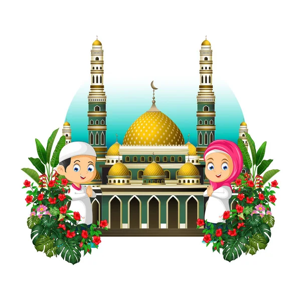 Moschea Con Due Bambini Piante Tropicali — Vettoriale Stock