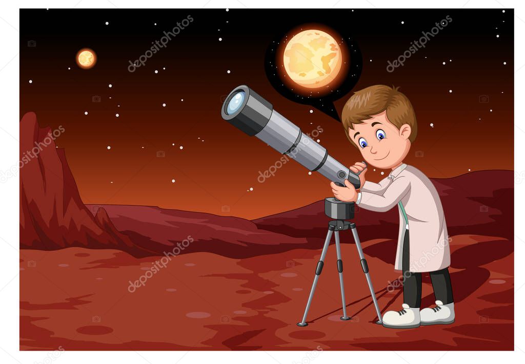 Handsome Scientist With Telescope in Mars Suface Cartoon