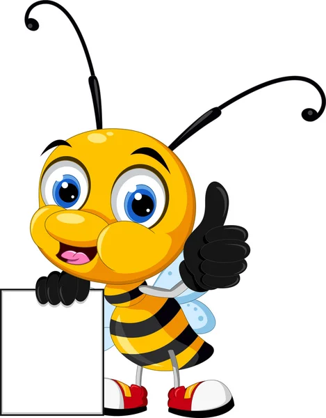 Маленькая пчелиная мультяшка держит пустую доску и держит пустой знак — стоковый вектор