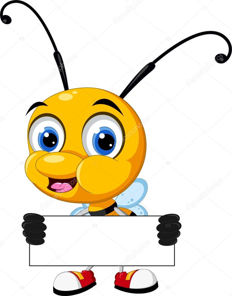Little bee cartoon holding blank board
