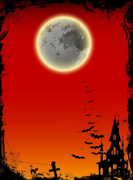 Halloween-Nacht, Grunge-Hintergrund mit Mond und Fledermäusen — Stockvektor