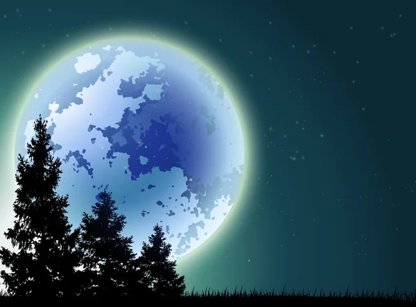 Forêts de pins et lacs avec fond de pleine lune — Image vectorielle