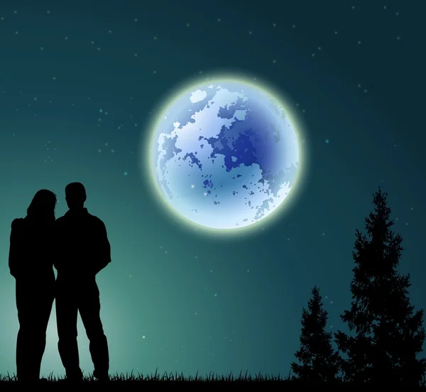 Couple silhouette with full moon background — Stock Vector