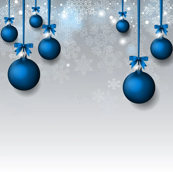 Jul bakgrund med blå jul bollen och snöflingor — Stock vektor