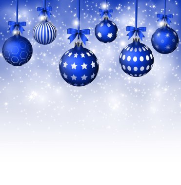 Arka plan mavi Noel topları ve beyaz kar taneleri ile