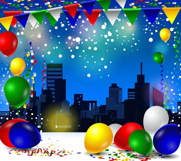 Fundo de aniversário com balões e noite de beleza na cidade — Vetor de Stock