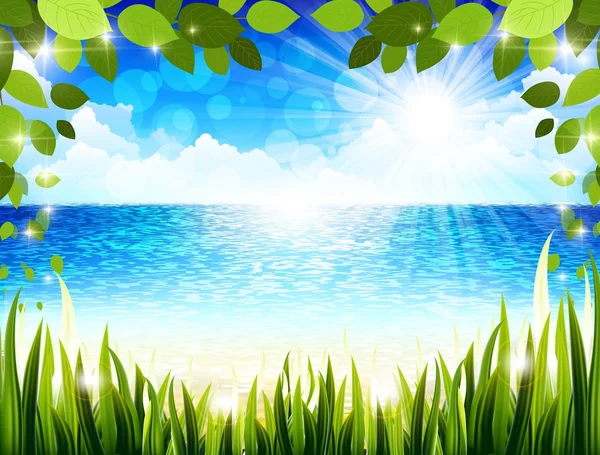 Natural green background with blue ocean background — Stock Vector