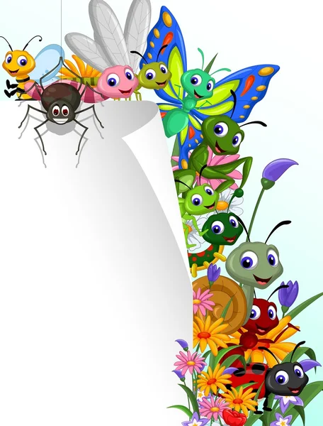 Collection of insects with blank sign in the flower garden — Stock Vector