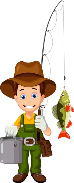 Desenho animado Pescador e peixe — Vetor de Stock