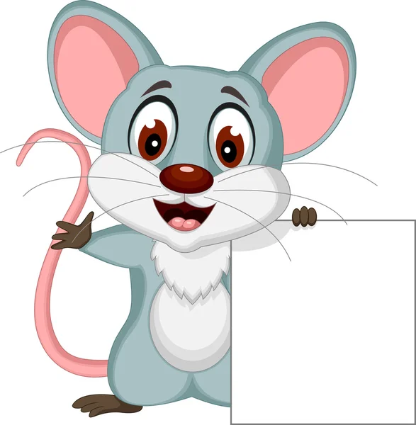 Ratón de dibujos animados posando con signo en blanco — Vector de stock