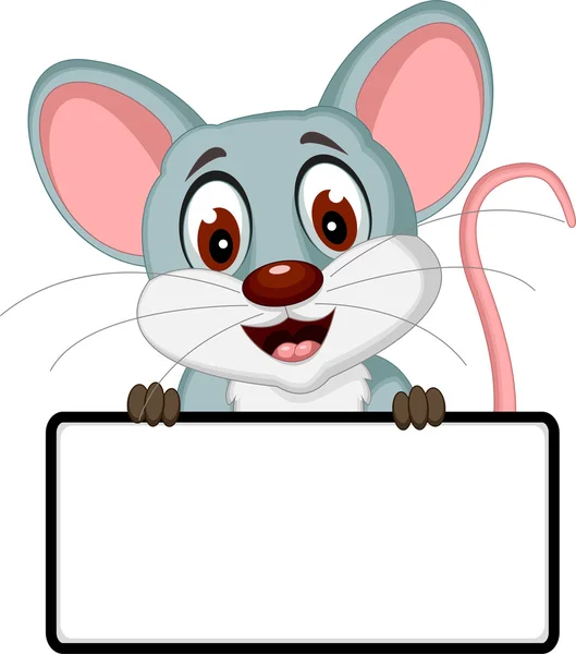 Ratón de dibujos animados posando con signo en blanco — Vector de stock