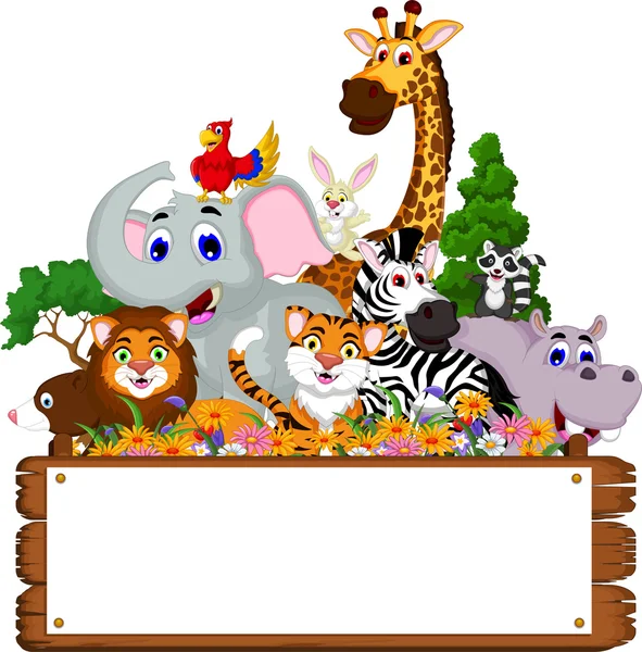 Animal coleção de desenhos animados com placa em branco e fundo floresta tropical — Vetor de Stock
