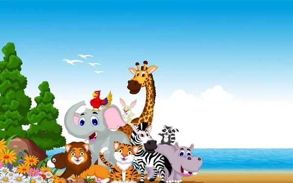 Animal Cartoon Kollektion mit Strand Hintergrund — Stockvektor