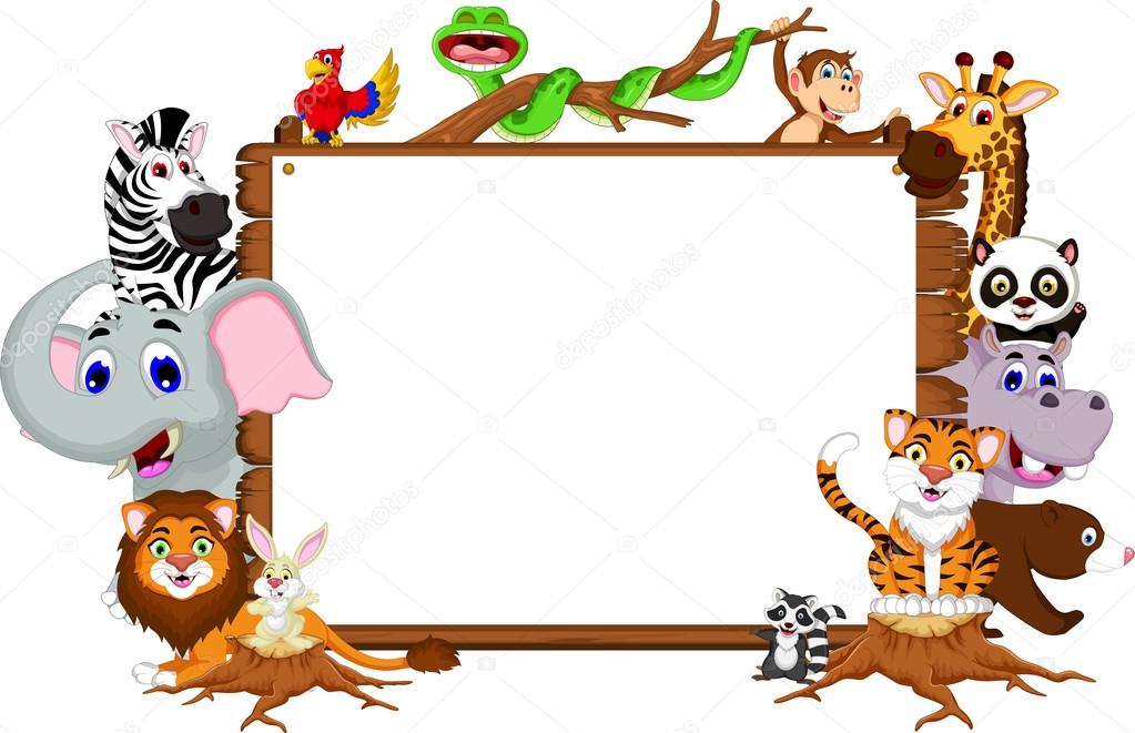 Animal cartoon collection with blank board and tropical forest background
