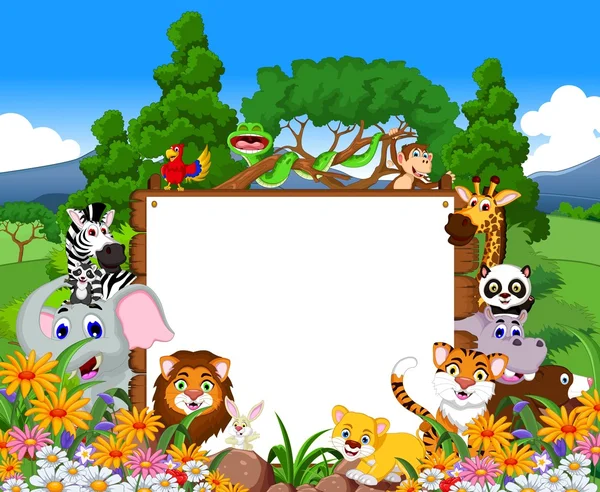 Caricature animalière avec panneau vierge et fond de forêt tropicale — Image vectorielle