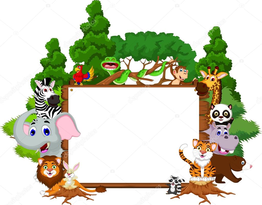 Animal cartoon collection with blank board and tropical forest background